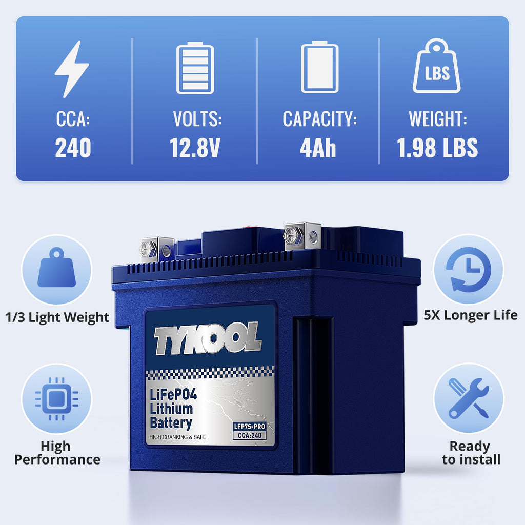 TYKOOL LFP7S-PRO Lithium Battery, Replaces YTZ7S / YTX7L,12V 4Ah 240CCA LiFePO4 Motorcycle Battery for Honda KTM Yamaha Harely,For ATV, UTV, Snowmobile, Motocross, Lawn Mower, Jet Ski, Motorboat