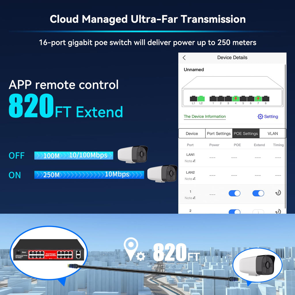 STEAMEMO 16 Port Gigabit PoE Switch, Smart Managed Gigabit Ethernet Switch, 16 PoE+ Ports@240W, Plug and Play, Vlan, Fanless, Desktop or Rackmount, Overload Protection w/ Port