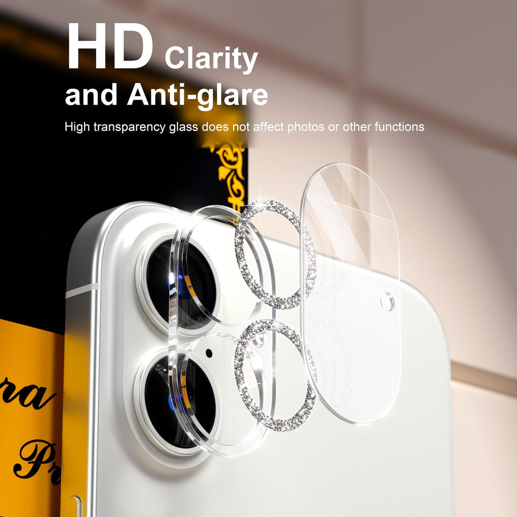 beuxece for 6 Pack iPhone 17 / iPhone 16 / iPhone 16 Plus Camera Lens Protector [Drop Protection] [Easy Installation] 9H Tempered Glass Camera Screen Protector Cover Accessories, Glitter Silver