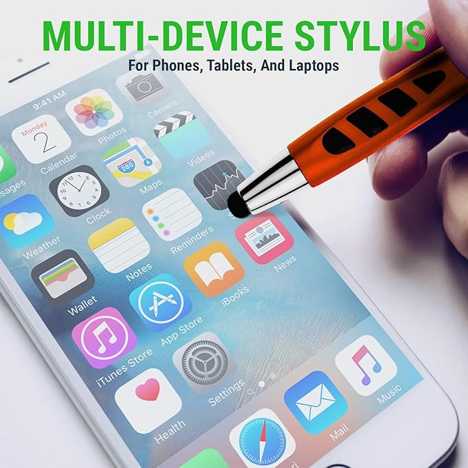 Stylus Pen for Touch Screens & Writing Pens, with Sensitive Stylus Tip - 2 in 1, for Your iPad, iPhone, Kindle, Nook, Samsung Galaxy, Tablets & Phones - Assorted Barrel Colors, Black Ink, 14 Pack