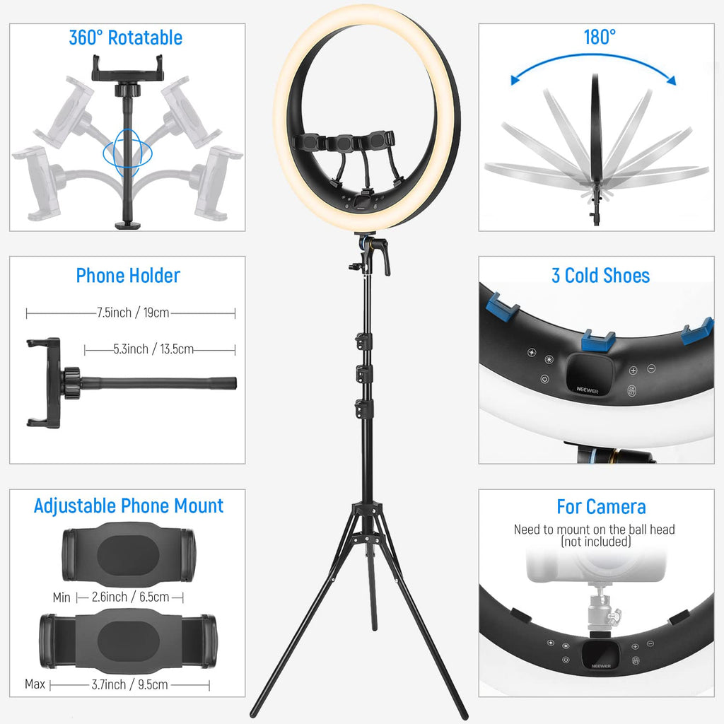 NEEWER 19 inch 2.4G Ring Light with Stand, 3 Phone Holders, 2.4G USB Transmitter for Mac/PC Remote Control, Touch Panel, Smooth Dimming at 1%, 3200K-5600K for Selfie TikTok Live Streaming Zoom, RP19H