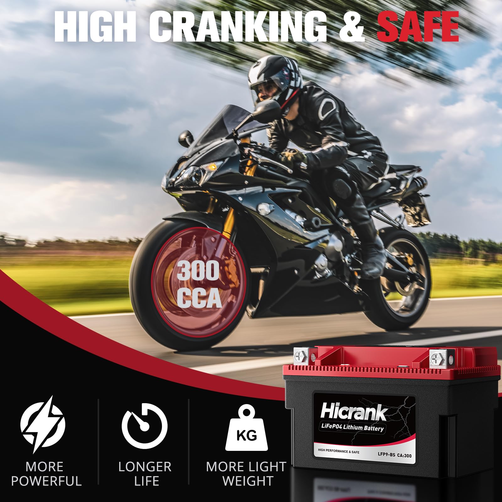 Hicrank LFP9-BS, 300 CCA, 5Ah, Lithium LiFePO4 Motorcycle Battery, 300 CCA, Digital SOC, IP66 for Ninja 400 Z650 Honda CBR600F4i KTM Duke 390 Suzuki GSX-R600 GSXR750 Predator 500 Replaces YTX9-BS