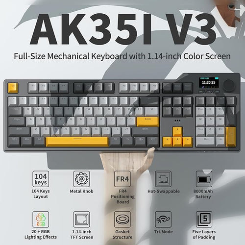 Ajazz AK35I V4 Full Size Wireless Mechanical Keyboard with 1.14" Color Screen & Knob, Tri-Mode Gasket Hot Swappable Gaming Keyboard, 10000mAh Battery, RGB, Black