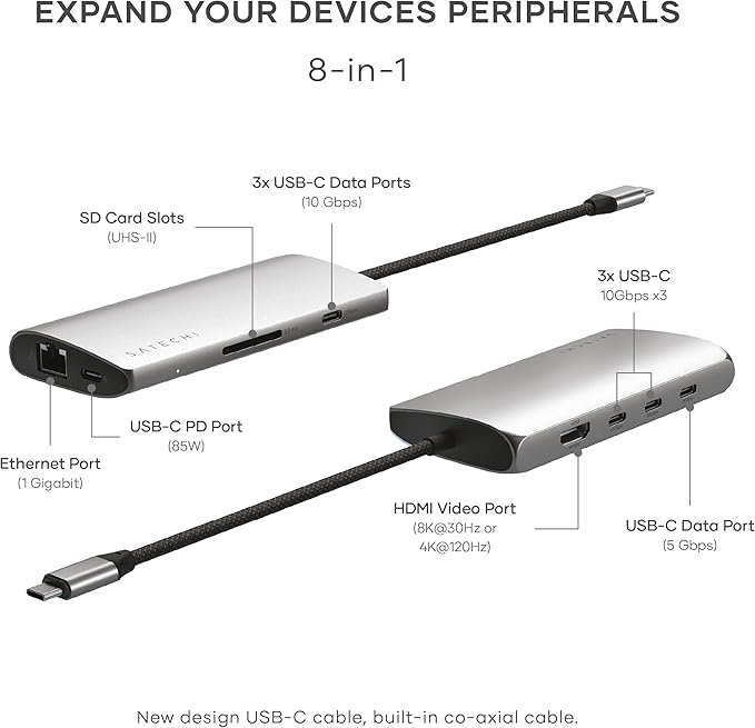 Satechi 8 in 1 USB C Hub Multiport Adapter V3, 8K HDMI, 100W Charging, 4 USB Data Ports, Ethernet, SD Card Reader, for Laptop, for Mac/Windows, MacBook Pro/Air M4/M3/M2/M1, iPad, iPhone 16, Space Gray