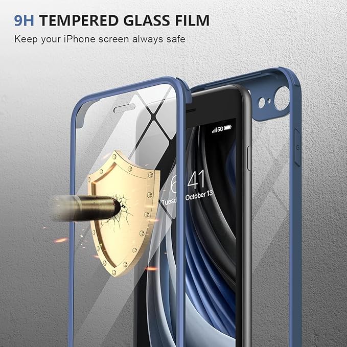 Miracase for iPhone SE Phone Case 3rd/2nd Generation 2022 2020 Full-Body with Built-in Glass Screen Protector, Heavy Duty 360° Protective Shockproof Bumper Cover for iPhone 8/SE, Blue