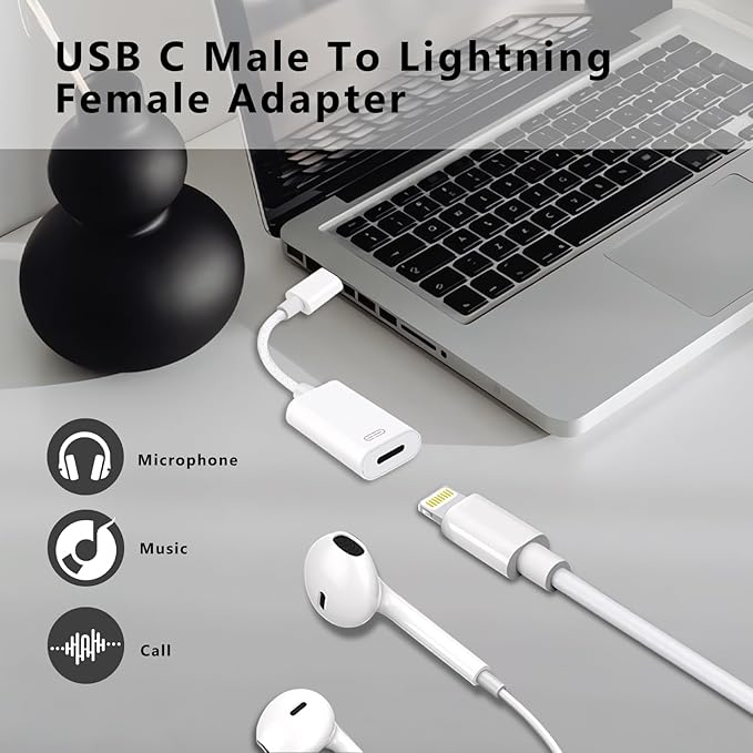 USB C to Lightning Headphone Audio Adapter, Type C Male to Female Lightning Earphone Converter with Charge/Data Transfer, Compatible with iPhone 17/16/15 Plus/Pro/Max, iPad Pro/Air, MacBook（2 Pack）