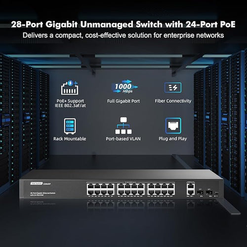 24 Port Full Gigabit PoE Switch with 2 GE Uplink, 2 Gigabit SFP, IEEE802.3af/at Max 400W, YuLinca Unmanaged Rackmount Switch with VLAN and AI Watchdog