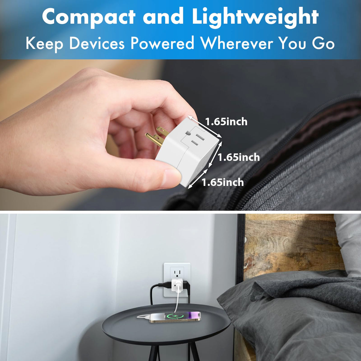 POWERCORDS 3 Outlet Cube Wall Adapter, 3 Pack, Recessed Outlet Extender, Low Profile 3 Prong Plug Splitter, Grounded Wall Tap, 90° Compact Adapter, Cruise & Travel, UL Listed 15A 125V White
