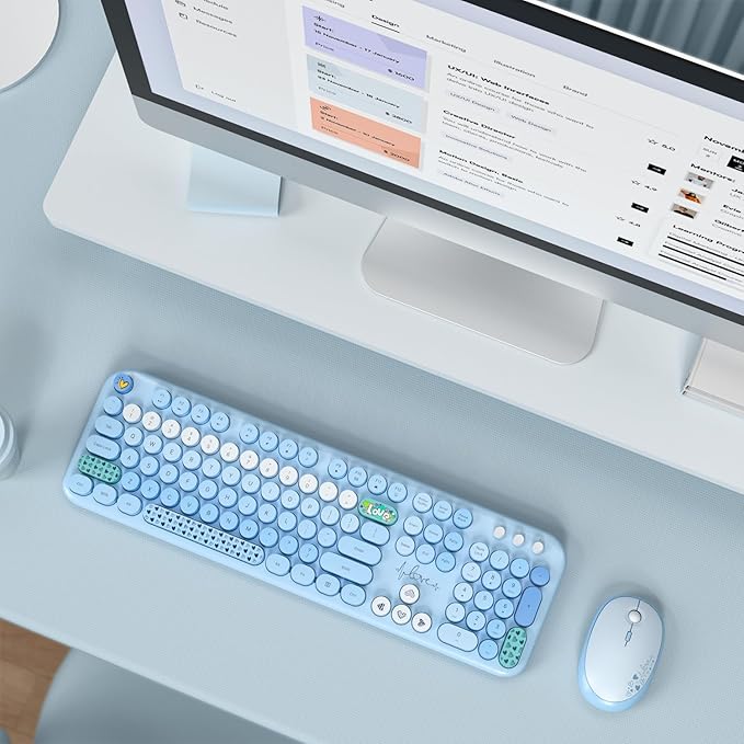 KNOWSQT Wireless Keyboard and Mouse Combo - Lovely Blue Rainbow Full-Sized Typewriter Colorful Keyboards, Round Keycap USB Plug Play Retro Cute Keyboards for Windows, Laptop, PC, Desktop, Computer