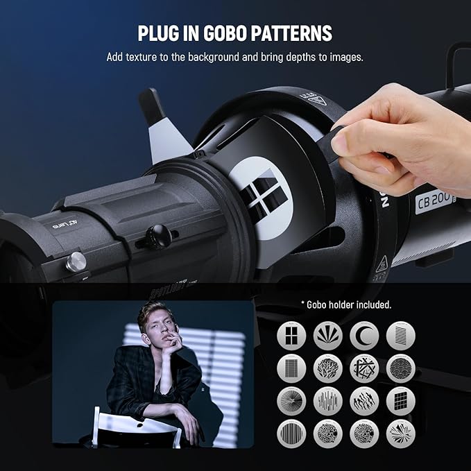 NEEWER Spotlight Snoot with 40° Projection Lens, Adjustable Focus, 16 Metal Gobos 5 Color Gels, Bag, Conical Snoot for Bowens Mount LED Continuous Output Lighting Studio Video Light Up to 300W, LS-38