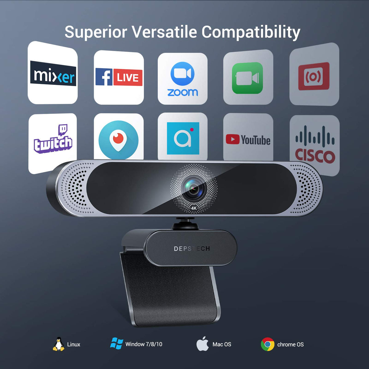 DEPSTECH 4K Webcam Ultra HD 1/2.55'' Sony Sensor Autofocus Webcam, 80° FOV (Black)