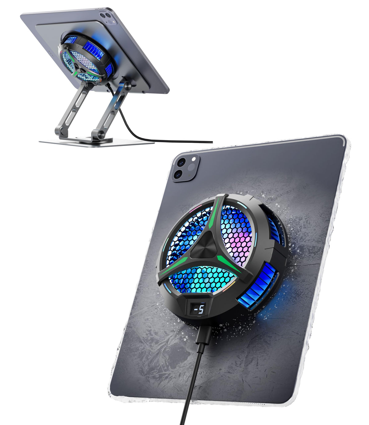 ACEDAYS Magnetic Cooler for iPad,Tablet Cooler for ipad/Surface pro/Samsung Tab,Universal Radiator with Temperature Display for Mobile Gaming,Tiktok Live Streaming (Green Mech)