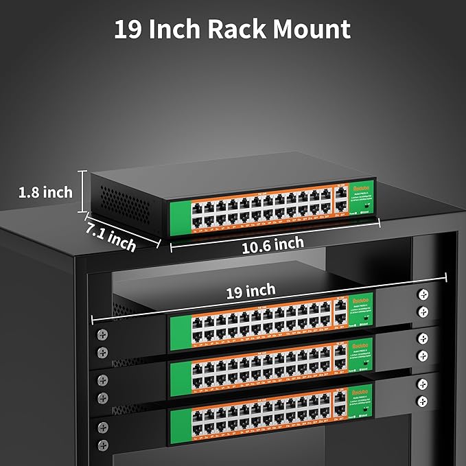 24 Port PoE Switch with 2 Gigabit Ethernet Uplink Port, Support IEEE802.3af/at, 400W High Power, Fanless, Plug and Play Unmanaged, Rackmount Ethernet Switch