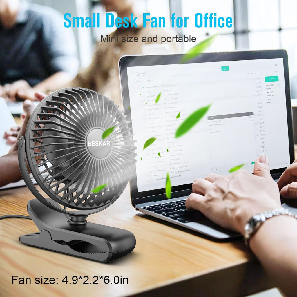 BESKAR USB Clip on Fan, Portable Small Desk Fan with Cord Powered