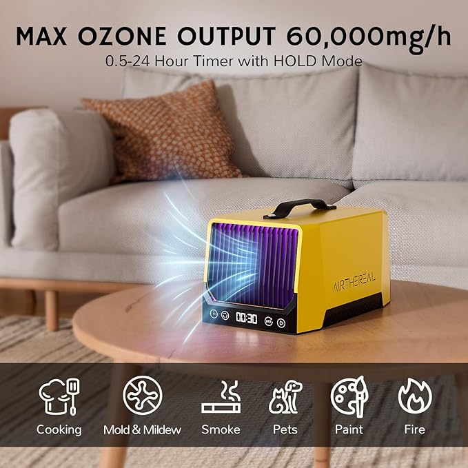 Airthereal DA25 Desktop Ozone Generator, 60,000mg/h High Capacity Odor Eliminator for Smoke, VOCs and Pet Odors, Portable Ozonator for Home, Garage & Car, O3 Air Deodorizer for Area up to 5,000 sq.ft