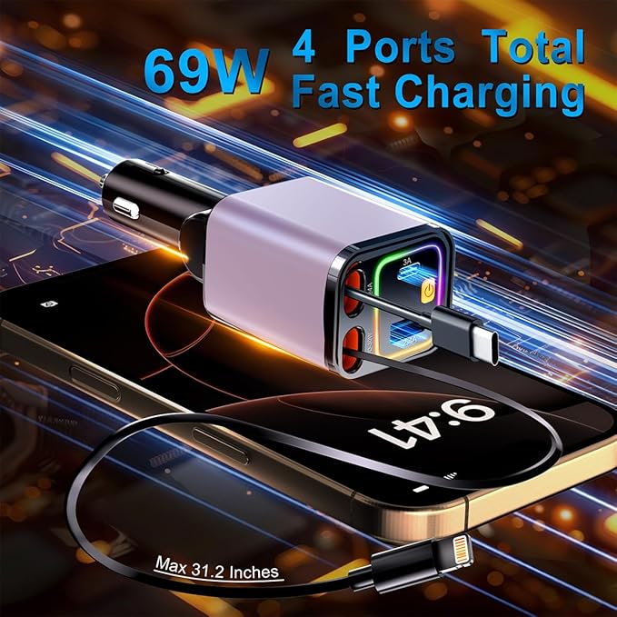 [2025 Mirco-Version] 4 in 1 Retractable Car Charger,69W Car Charger USB C,Cigarette Lighter Adapter,Fast Charging for iPhone 16e/16/15/14,13,Android (Pink, for Lightning+USB-C)