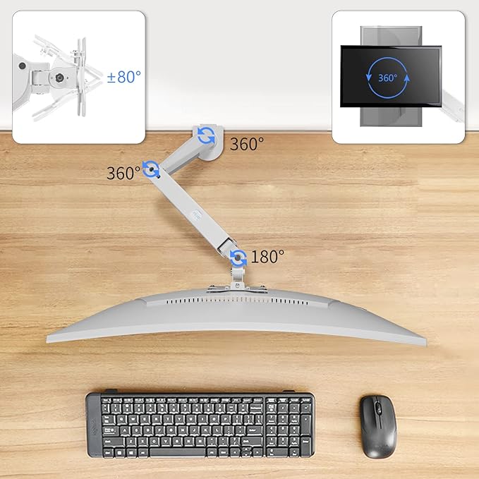 Gas Spring Monitor Arm 32 Inch,Adjustable Single Monitor Desk Mount with Swivel/Tilt/Rotation,Computer Monitors Stand Holder with Clamp/Grommet Mounting Base, VESA Mount Bracket,White