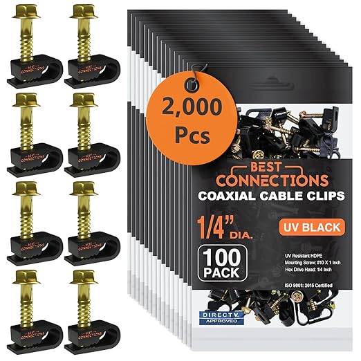 BEST CONNECTIONS Coaxial Cable Clips with Pre-Inserted Screw (2,000 Pack) – Black Single Cable Mounting Clamps for Coax Cable (RG6, RG59) and Ethernet Cable – Cord Fastener/Strain Relief Clip