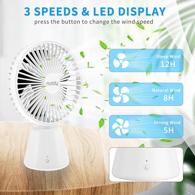 Miady USB Desk Fan, Upgraded 5000mAh Portable Desktop Fan 135°Auto-Oscillating 3 Speeds Mini Cooling Personal Table Fan for Home Office Travel Camping Outdoor