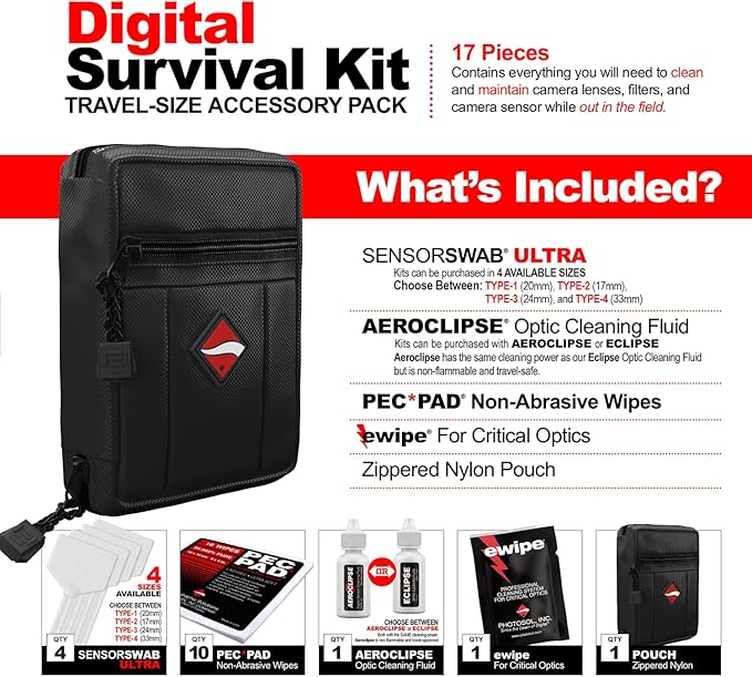 Photographic Solutions Digital Survival Kit - Type-1 (20mm) Sensor Swabs, PEC-PAD Photo Wipes, E-Wipe Packet, Aeroclipse Optic Cleaner Non-Flamable Solution - Camera Cleaning Kit with Travel Bag