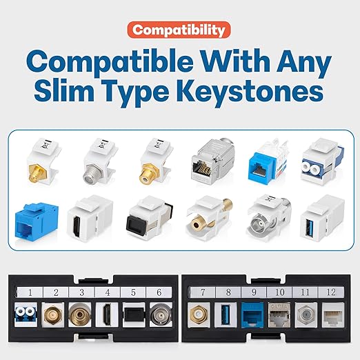 Everest Media 12-Port Keystone Patch Panel (4-Pack) - Removable 6-Port Panels - with 89D Wall Mount Bracket - Vertical/Horizontal Installation - 8 Blank Keystone Jack Inserts Included