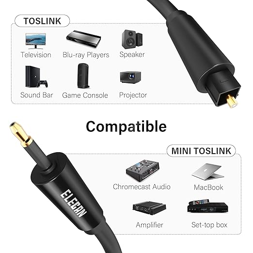 Elecan Mini Toslink to Toslink Digital Optical S/PDIF Audio Cable 6 Ft, Gold Plated Soft Flexible Fiber Optic Cable,Signal Protection PVC,Surround Sound for Soundbar,Home Theater,Hi-Fi System+Ties MI