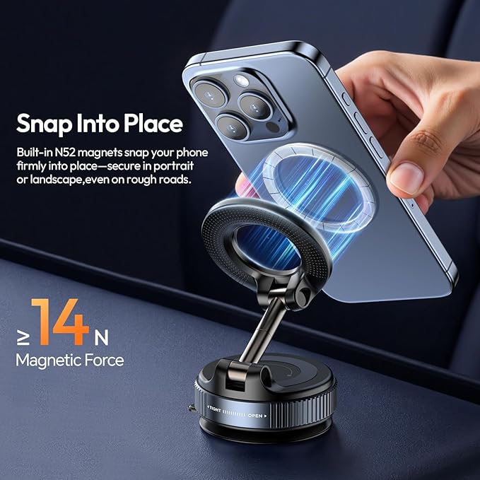 ULANZI SK-25 Car Phone Holder for Magsafe, Vacuum Suction Cup Magnetic Phone Mount, 360° Adjustable Phone MagMount for Car/Ceramic Tile/Gym/Mirror, Load up to 1kg, Magnetic Force ≥14N（Black）