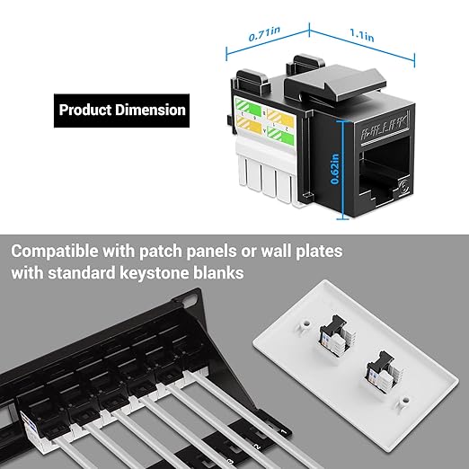 iwillink 10Gbps Cat6 Keystone Jack and Punch-Down Stand, 50-Pack, RJ45 Ethernet Keystone Jacks, 90-Degree UTP Modular Punch Down Keystone Jack Adapter, Black