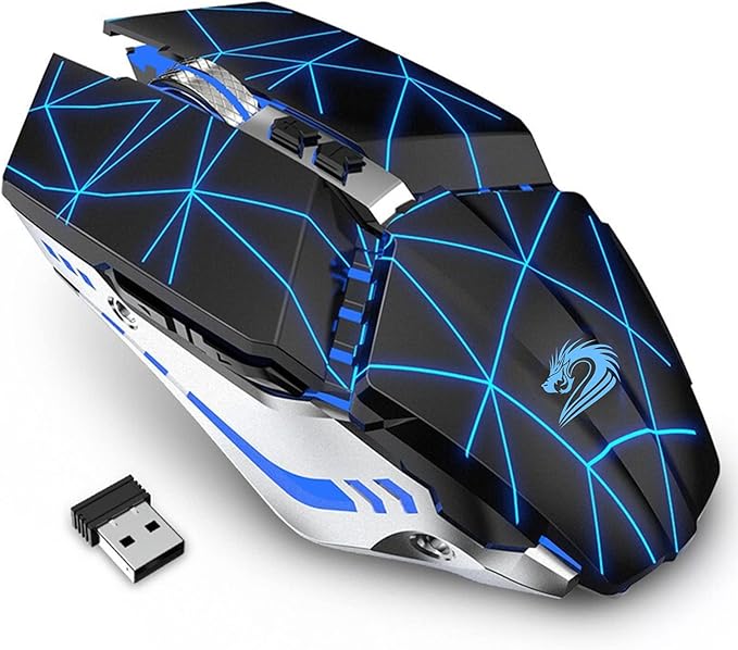 TENMOS T12 Wireless Gaming Mouse Rechargeable, 2.4G Silent Optical Wireless Computer Mice with Changeable LED Light for Laptop PC, 7 Buttons, 3 Adjustable DPI (Starry Black)
