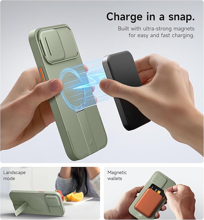 SURITCH for iPhone 13 Pro Max/12 Pro Max Case with Magnetic Camera Slide Cover and Adjustable Kickstand, Compatible with MagSafe, Shockproof Bumper Case Slim Protective Cover 6.7 Inch, Green