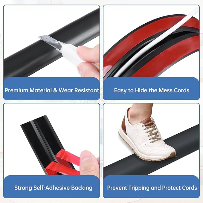 Floor Cord Cover Self Adhesive Cord Hider Floor Extension Cord Covers for Floor Power Cord Protector Cable Management Prevent Cable Trips Cable Cavity 0.51" W x 0.31" H (Black, 20Ft)