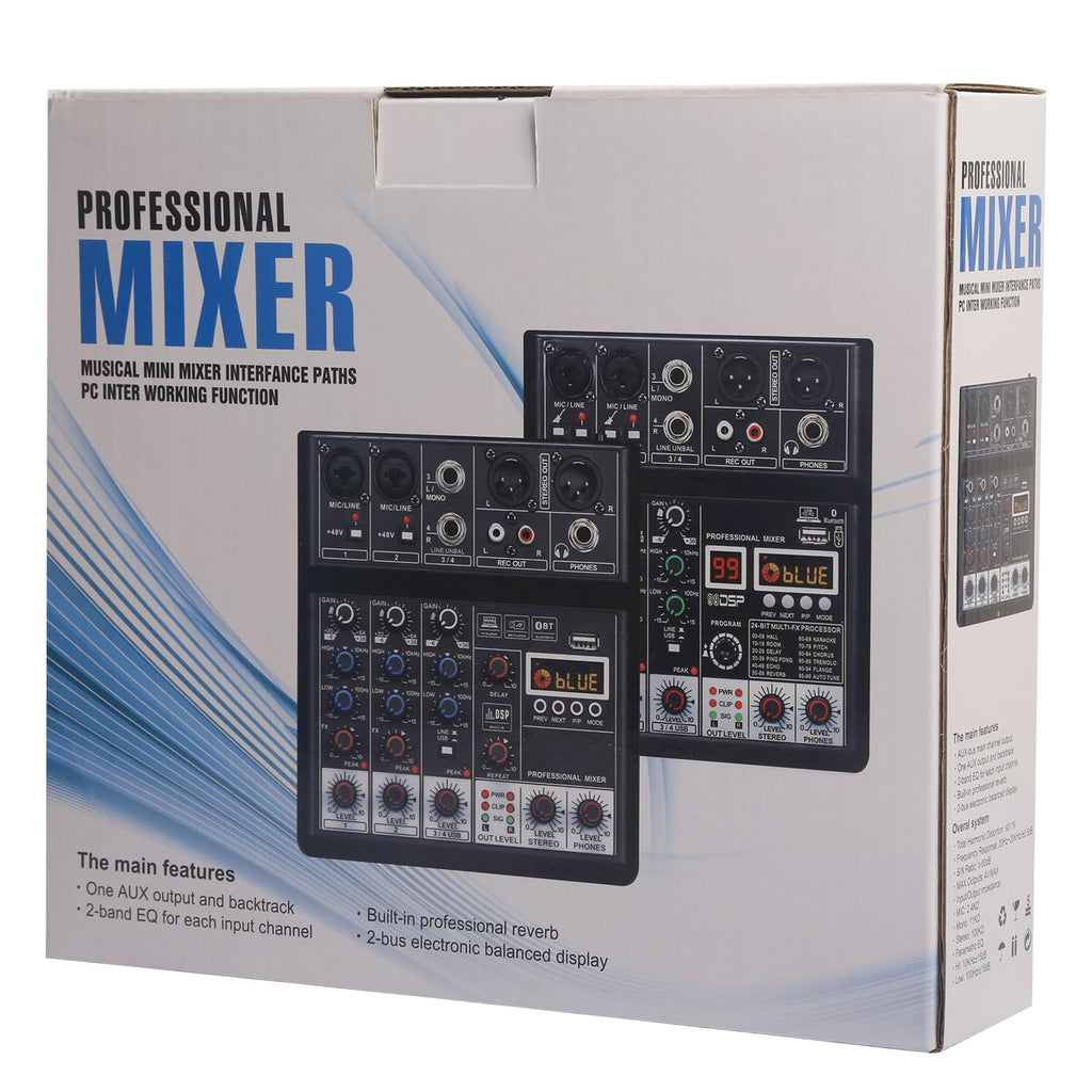 Dj Mixers 4 Channel Audio Mixer Sound Board with Bluetooth, Usb Audio Interface with 48V Phantom Power Sounds Mixer Board with 99 DSP FX Reverb Delay Effect