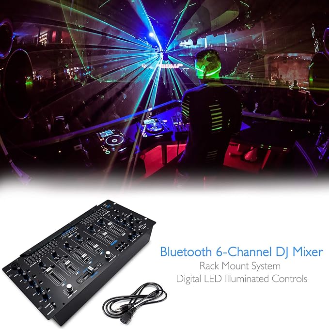 Pyle 6 Channel Mixer, Bluetooth DJ Controller, Stereo Mixer, Professional Sound System, LED Illumination, Mixer Digital Audio, Digital Mixing System, Speed Control, 5U Rack Mount System (PYD1964B)