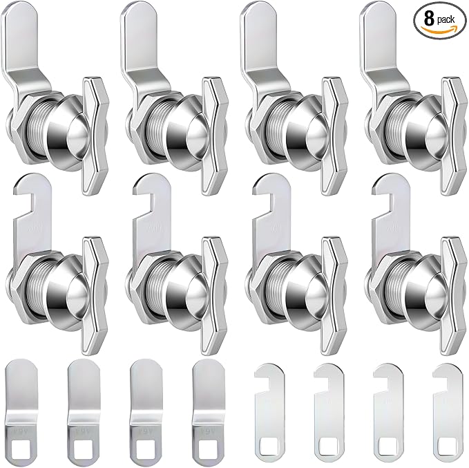 Thumb Operated Offset Cam Locks, 3/8", 5/8", 7/8" Keyless Cabinet Locks for RV Storage Doors, Camper Compartments, Mailbox Drawers, Zinc Alloy Rustproof Latch with Straight & Bent Locking Arms, 8-Set