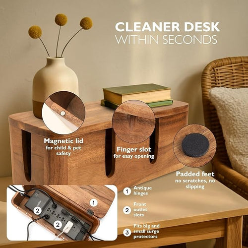Acacia Cable Management Box - Rustic Design (Front Slots, Large)