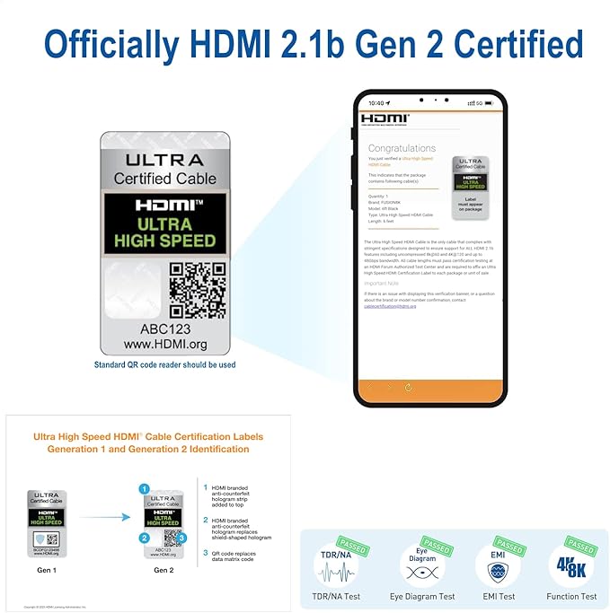 HDMI 2.1 Certified Cable Supports 10K 8K @60Hz and 4K @120Hz Compatible with All TVs, BluRay, Xbox Series X, PS5 (10 Feet)