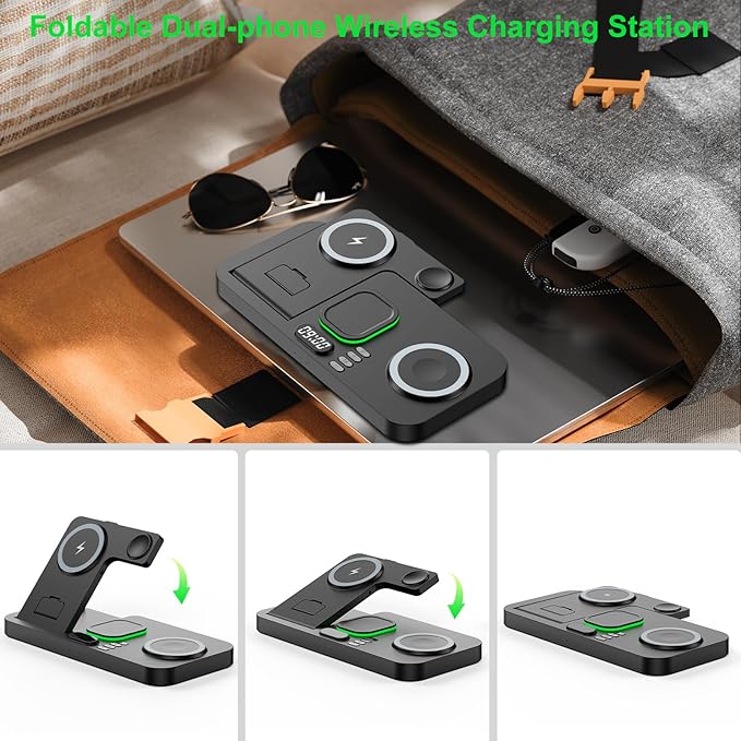 Dual Phone Wireless Charging Station for Apple Devices, Magnetic Charging Station for iPhone with Auto Switch 7-Color Light&Clock, Family Watch Charger for iPhone17 for iWatch10 for AirPods Pro3(Black
