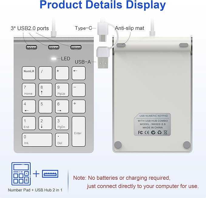 Wired USB C/A Number Pad - Numeric Keypad & Hub with 3 USB2.0 Ports - Portable Slim 18 Key Number Keypad Keyboard for Laptop PC Pad Surface MacBook, Wired Numeric Keypad with Type C & USB Cable 1.6Ft