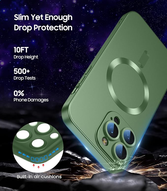 Magnetic for iPhone 15 Pro Max Case [Compatible with MagSafe][Built-in Camera Lens Protector] Slim Soft Silicone Bumper Shockproof Metallic Luster Phone Case (Green)