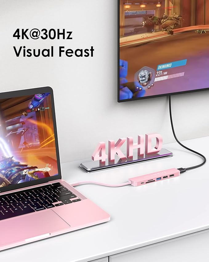 LENTION USB C Hub with 100W Charging, 4K HDMI, Dual Card Reader, USB 3.0 & 2.0 Compatible MacBook Pro, New Mac Air/Surface, Chromebook, More, Stable Driver Adapter (CB-CE18, Rose Gold)