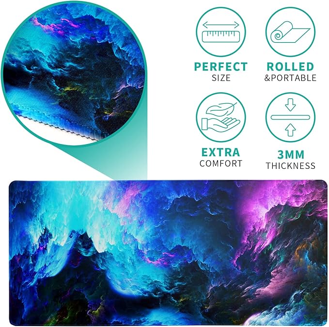 Dazzling Galaxy Gaming Mouse Pad 31.5x11.8 Inch Blue Purple Galaxy Nebula Universe Space Large Mousepad Non-Slip Rubber Base Stitched Edges Keyboard Mouse Mat Desk Pad for Office Home and Game