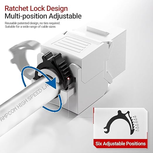 AMPCOM CAT6 RJ45 Keystone Jack - Reusable UTP Ethernet Wall Jack with Adjustable Ratchet Lock Design, No Tool and Zip Tie Required - 50u Gold Plated - White (12-Pack)