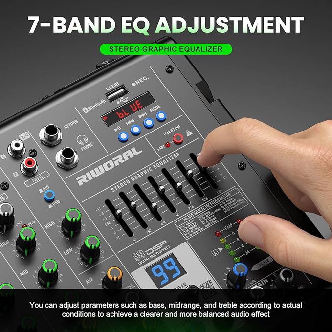 6 Channel Audio Interface Dj Mixer Soundboard Console 99 Dsp Reverb Delay Effect USB Bluetooth Studio Audio Mixer +48V Phantom Bluetooth for Karaoke Streaming Recording, Live Broadcast
