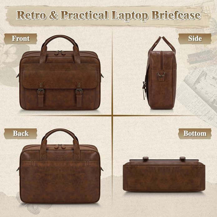 RAINSMORE Messenger Bag for Men 16 Inch Laptop Bag Vintage Leather Waterproof Laptop Briefcases Large Computer Satchel Bag