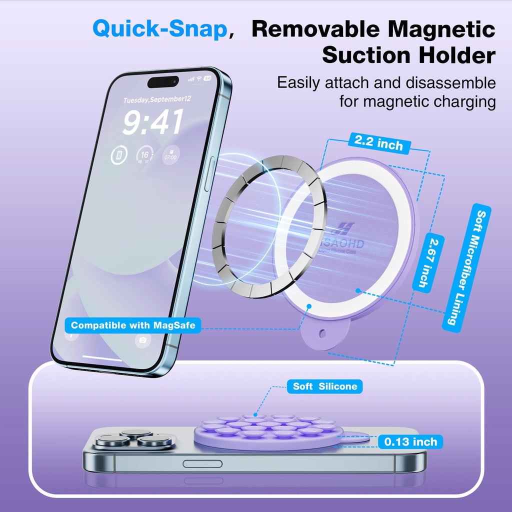 HSAOHD Magnetic Suction Cup Phone Mount with MagSafe, Silicone Hands-Free Grip Holder for iPhone Case and Android, Mirror Shower Phone Stand for Makeup FaceTime Gym Kitchen Bathroom, Lilac Purple