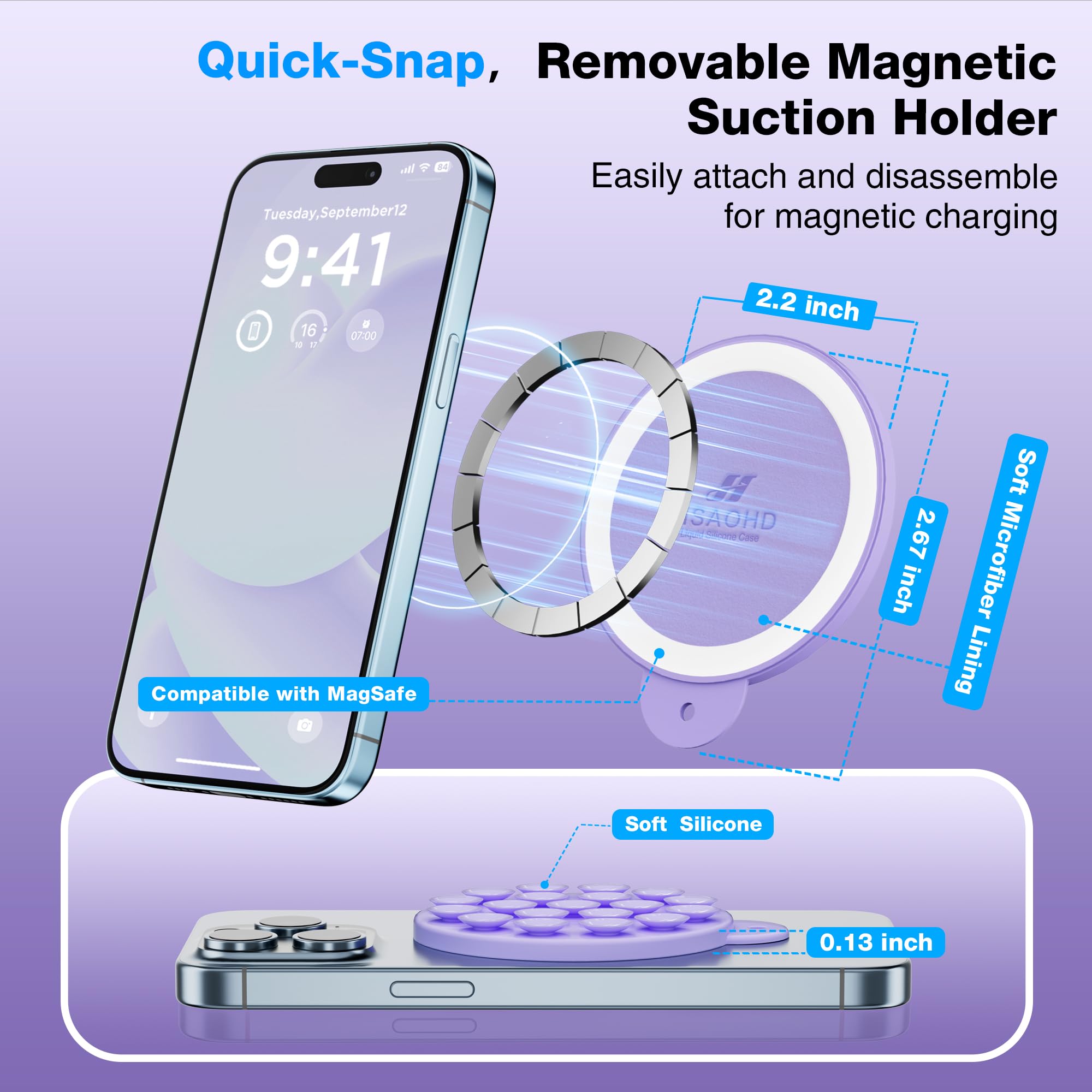 HSAOHD Magnetic Suction Cup Phone Mount with MagSafe, Silicone Hands-Free Grip Holder for iPhone Case and Android, Mirror Shower Phone Stand for Makeup FaceTime Gym Kitchen Bathroom, Lilac Purple