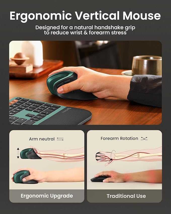 ProtoArc Ergonomic Vertical Mouse, EM11 NL Rechargeable Wireless Mouse Bluetooth, Ergo Mice with 3 Multi-Device for PC/Notebook/Laptop, 2.4GHz Optical Mice for Windows, Mac OS, Green