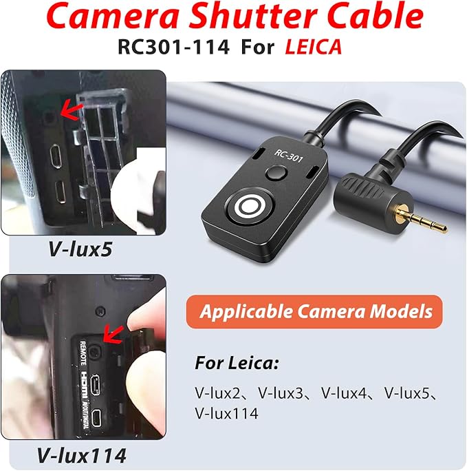 for Panasonic Cable RC301-L1 Remote Camera Small Shutter Release Remote Control 196.8 "Extended Cable Remote Wired Button GH3 GH4 GH5 GH6 S5 S5II G85 G9 GXL S1R -114(RC301-L1 GH 196.8in/5m)