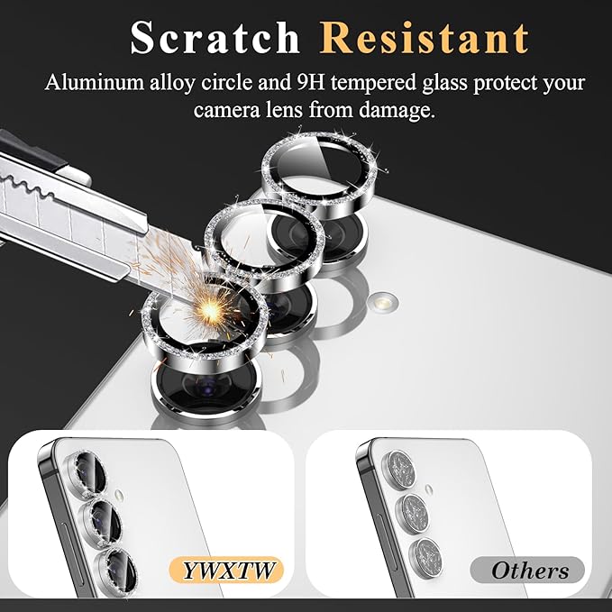 YWXTW Camera Lens Protector for Samsung Galaxy S24 / S23 / S23 Plus, [NOT for S24 Plus] 9H Tempered Glass Metal Individual Ring Camera Screen Protector for S24 Accessories (Silver Glitter)