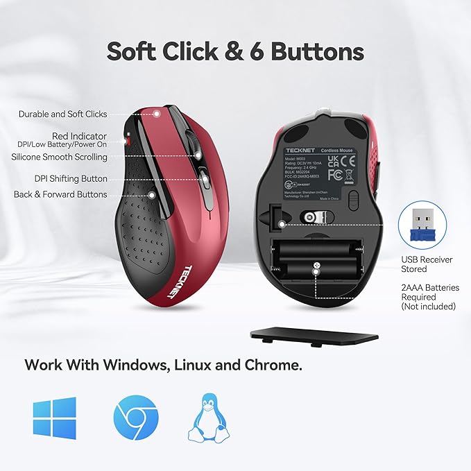 TECKNET Wireless Mouse, 2.4G Ergonomic Optical Mouse, Computer Mouse for Laptop, PC, Computer, Chromebook, Notebook, 6 Buttons, 24 Months Battery Life, 4000 DPI, 6 Adjustment Levels